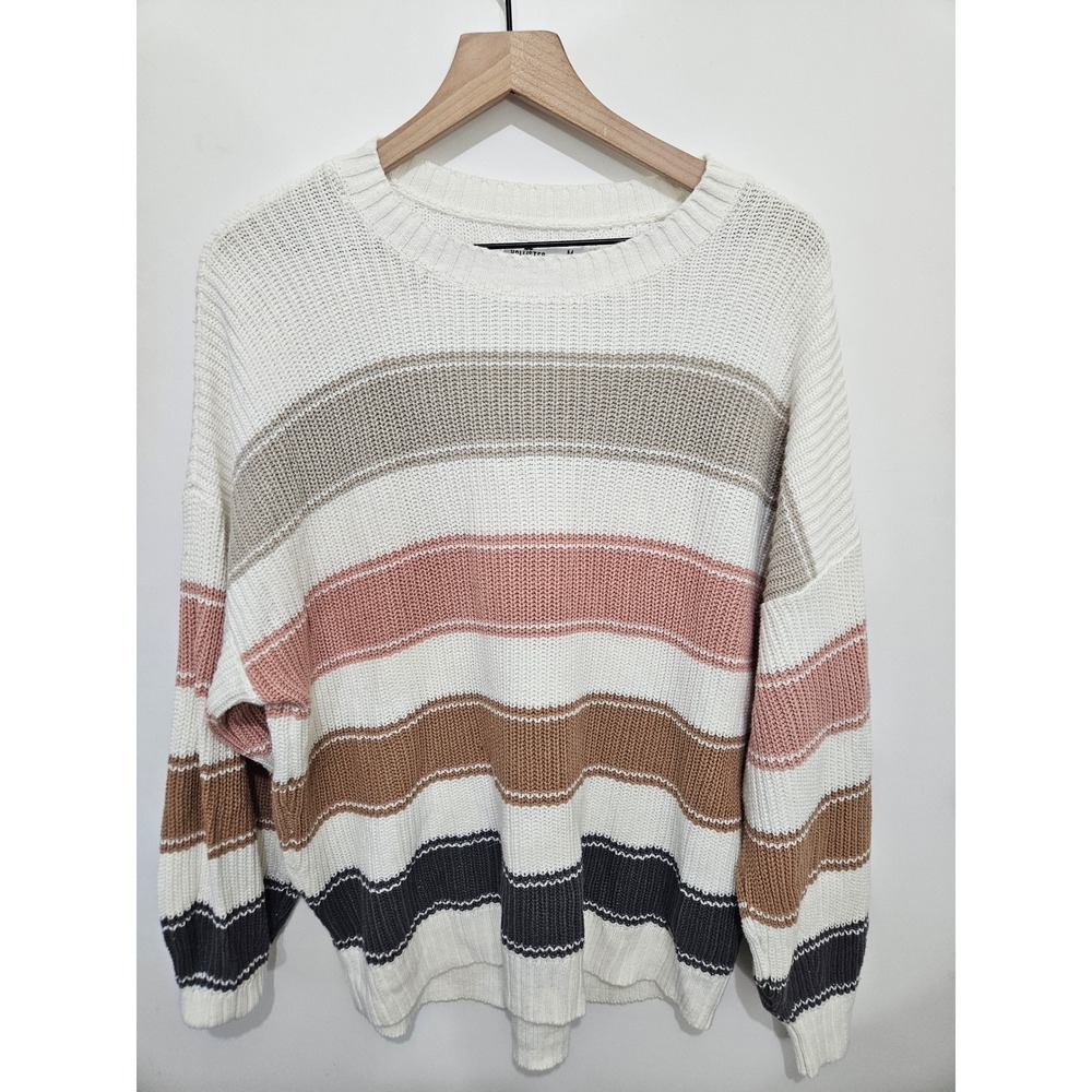 Hollister Womens Striped Crewneck Sweater White Pink Brown Grey Size M 35052383